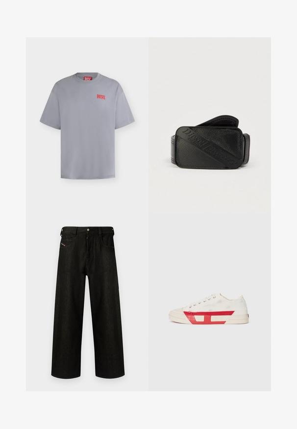 T-shirt gris clair à manches courtes de la marque Diesel avec un petit logo Diesel rouge sur la poitrine gauche et une étiquette rouge à l'intérieur du col.; Jean noir à jambes larges en denim, présentant une fermeture éclair, cinq poches et un branding discret sur la poche avant. Tissu durable et texturé.; Baskets en toile avec un dessus blanc, des accents en caoutchouc rouge et un design texturé. Elles présentent une tête arrondie et cinq œillets pour les lacets.; Ceinture noire présentant un design texturé avec un logo en relief bien visible. Le matériau semble lisse avec une finition en cuir.