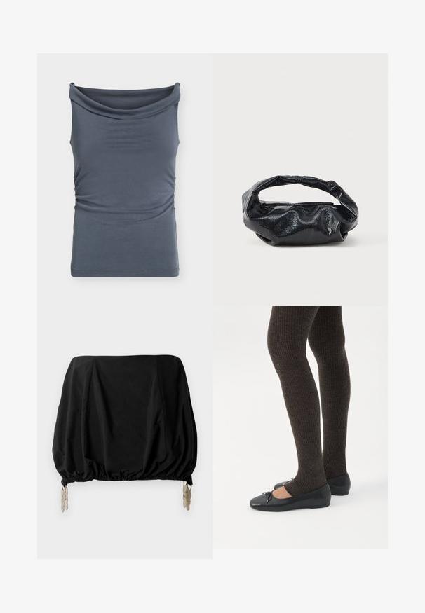 Haut sans manches gris foncé avec un large col bateau drapé et un léger froncé sur les côtés.; Top court noir avec un design froncé, présentant un ourlet élastique et des clips métalliques comme accents. Fabriqué en tissu léger.; Jambes portant des leggings côtelés foncés associés à des ballerines noires avec de petits détails en nœud sur fond blanc.; Sac noir en matériau texturé et brillant avec une poignée circulaire torsadée et une fermeture éclair. Présente un design doux et froissé.