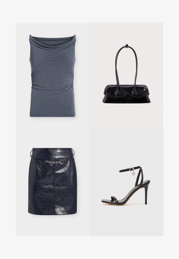 Haut sans manches gris foncé avec un large col bateau drapé et un léger froncé sur les côtés.; Mini-jupe en similicuir noir brillant avec une fine ceinture cordon noire ornée d'accents métalliques argentés circulaires à l'avant.; Sandale à talon haut noire avec une bride étroite à la cheville, bout carré, cuir lisse et accent de boucle métallique.; Sac à main en cuir noir avec deux poignées allongées, une texture lisse et une base arrondie, ornée d'accents décoratifs sur les côtés.
