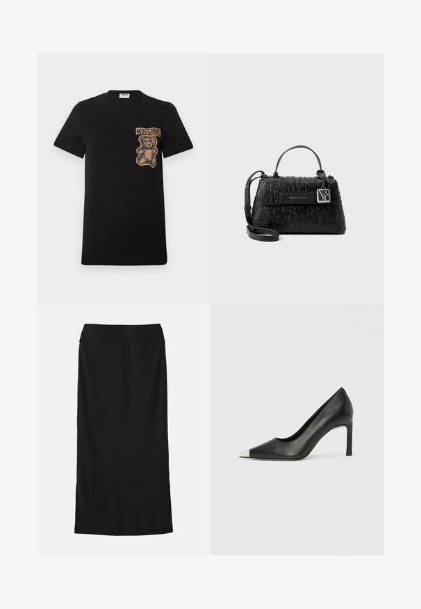 Sort t-shirt med korte ærmer med et tanfarvet bamsemotiv og teksten "MOSCHINO" på venstre bryst.; Sort midi-nederdel i et glat stof, med en tætsiddende talje, lige silhuet og sideslids for let bevægelse.; Sort læder højhælet sko med spids tå og metal-sølv hætte. Har en glat finish og en slank hæl på 10 cm.; Sorte håndtaske lavet af struktureret materiale, med præget brandnavn, en topstrop og en aftagelig skulderrem med sølvhardware.