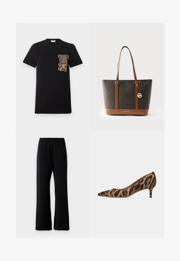Camiseta negra de manga corta con un gráfico de oso de peluche color beige y texto "MOSCHINO" en el pecho izquierdo.; Pantalones amplios negros con cintura elástica, tejido suave y un ajuste relajado, exhibidos sobre un fondo blanco.; Zapato de tacón bajo tipo 'kitten heel' con punta afilada y estampado de leopardo en tonos marrones y negros, visto de lado.; Bolso tote de Michael Kors con cuerpo de patrón marrón oscuro, asas y base de cuero marrón claro, y un colgante con el logo dorado de MK colgando del asa.