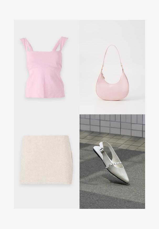 Pink ærmeløs top med firkantet udskæring. Har rynkede skulderstropper og en tætsiddende silhuet med en let udvidet kant.; Beige linnedyr med et minimalistisk design, der har en glat tekstur og en subtil vævning. Det har en lige, simpel skæring uden synlige lukninger.; Hvid spids slingback flad sko med to sølvspænder, vist udendørs på tekstureret underlag og flisebelagt væg baggrund.; Call it Spring CELESTY - Håndtasker - other pink