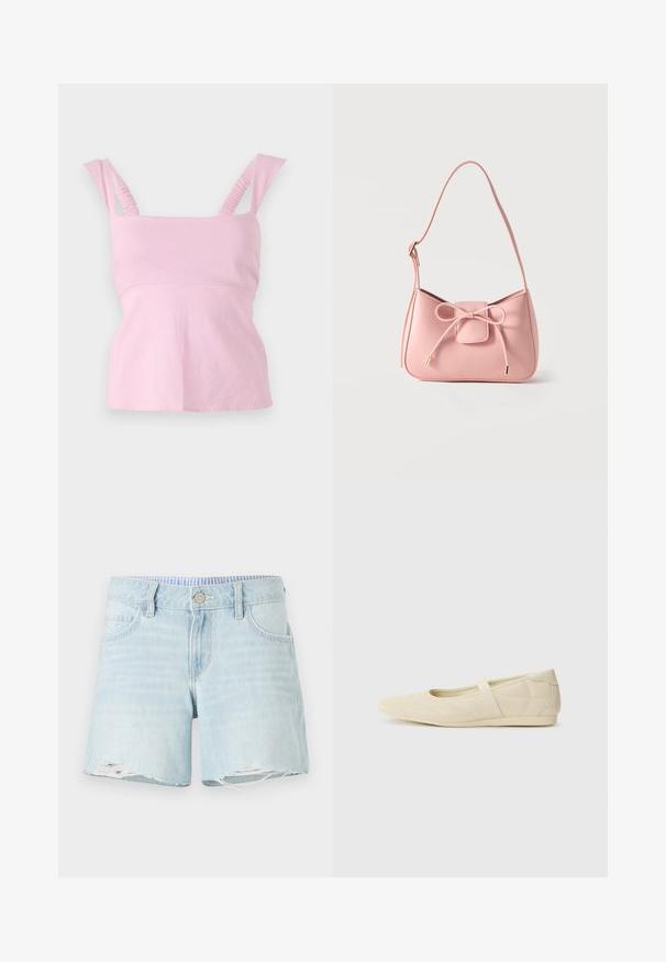 Roze mouwloos topje met een vierkante halslijn. Heeft gerimpelde schouderbanden en een aansluitende silhouet met een licht uitlopende zoom.; Lichtblauwe denim shorts met een licht verstoorde zoom, vijf-pocket ontwerp en een knoopsluiting. Subtiele vervaagde textuur over de gehele shorts.; Beige ballerina's met een gladde leren buitenkant, amandelvormige punt en elastische band over de wreef, met subtiele stiksels.; Kleine schoudertas in pastelroze met verstelbare band en een strikdetail aan de voorkant met goudkleurige uiteinden, afgebeeld op een effen achtergrond.