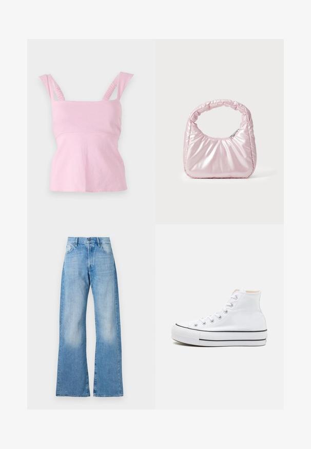 Roze mouwloos topje met een vierkante halslijn. Heeft gerimpelde schouderbanden en een aansluitende silhouet met een licht uitlopende zoom.; Lichtblauwe denim flared jeans met een hoge taille, vijf zakken en een klassieke knoopsluiting. Heeft subtiele vervaging en een relaxte pasvorm.; Witte hoge sneakers van canvasmateriaal, zwarte rubberen zool en contrasterende zwarte streep op de tussenzool. Circulaire neus en vetersluiting.; Roze, gevoerde handtas met een afgeronde vorm, gemaakt van glanzend materiaal. Beschikt over een geplooide handgreep en een ritssluiting voor veilige toegang.