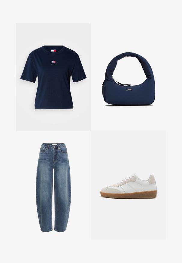 Tumesinine lühikeste varrukatega lühike T-särk väikese Tommy Jeans logoga, mis asub kaeluse lähedal keskel.; Kõrge vöökohaga, lõdvalt istuvad sinised teksapüksid, mis on valmistatud denimist, varustatud nööbiga sulgemisega, viie taskuga ja kangas on kergelt fadeeritud.; Valged nahast spordijalatsid, millel on beežist sametist aksessuaarid, tekstureeritud keel ja kummitald. Omab valgeid paelu ja peeneid õmblusdetailide. ; Tumesinist polsterdatud õlakott kõverate sangadega ja esiküljel lukuga taskuga, millel on ees keskosas valge "tommy jeans" logo.