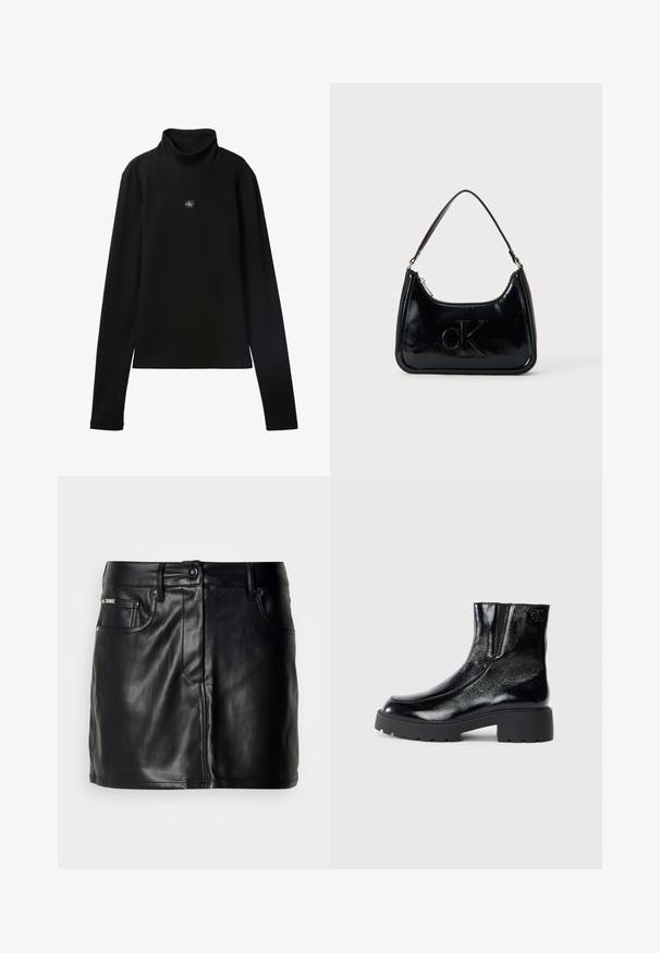 Schwarzes, geripptes Langarm-Top mit Rollkragen und kleinem quadratischem Calvin Klein Logo-Patch zentral auf der Brust.; Schwarzer Leder-Minirock mit tailliertem Design, ausgestattet mit frontalen Taschen, einem Knopfverschluss und glatter Textur.; Schwarze Knöchelstiefel mit glänzender Lackleder-Oberfläche, einer kräftigen gummierten schwarzen Sohle und Absatz; mit dezentem Logodetail an der Seite.; Schwarze Handtasche aus patentiertem Leder mit einem gebogenen oberen Griff, Reißverschluss und geprägt "cK" Logo auf der Vorderseite. Glatte Textur, strukturierte Form.