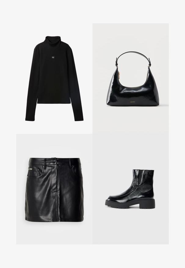 Schwarzes, geripptes Langarm-Top mit Rollkragen und kleinem quadratischem Calvin Klein Logo-Patch zentral auf der Brust.; Schwarzer Leder-Minirock mit tailliertem Design, ausgestattet mit frontalen Taschen, einem Knopfverschluss und glatter Textur.; Schwarze Knöchelstiefel mit glänzender Lackleder-Oberfläche, einer kräftigen gummierten schwarzen Sohle und Absatz; mit dezentem Logodetail an der Seite.; Schwarze, glänzende Calvin Klein Handtasche mit goldfarbenem Reißverschluss und kurzem Trageriemen vor schlichtem weißem Hintergrund.