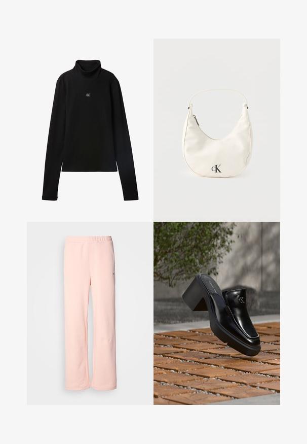 Top negro de cuello alto acanalado de manga larga con un pequeño parche cuadrado con el logo de Calvin Klein centrado en el pecho.; Pantalones de chándal de algodón rosa con un diseño de pierna ancha, cinturilla elástica y detalles de costura mínimos. Presenta una pequeña etiqueta de logo en el costado.; Mule tipo slip-on de cuero negro de Calvin Klein con tacón de bloque descansando sobre baldosas de madera al aire libre cerca de una planta verde y una pared gris.; Pequeño bolso blanco en forma de media luna con correa corta, cierre de cremallera y logo negro "cK" en el frente.