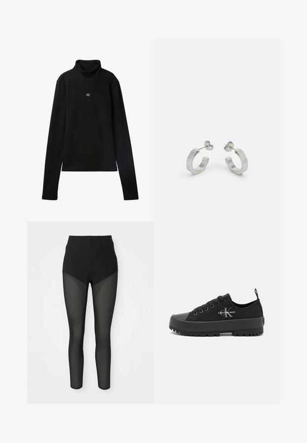 Top negro de cuello alto acanalado de manga larga con un pequeño parche cuadrado con el logo de Calvin Klein centrado en el pecho.; Leggings ajustados de talle alto en negro con paneles de malla semitransparente en los muslos delanteros y en las pantorrillas, diseño sin costuras y silueta ceñida.; Zapatillas de lona negras con puntera de goma y suela texturizada, que presentan un logotipo y un sistema de cordones para un ajuste seguro.; Pendientes aros de metal plateado con un diseño texturizado, que cuentan con un pequeño respaldo de clip y una marca en uno de los aros. Forma redondeada con un acabado pulido.