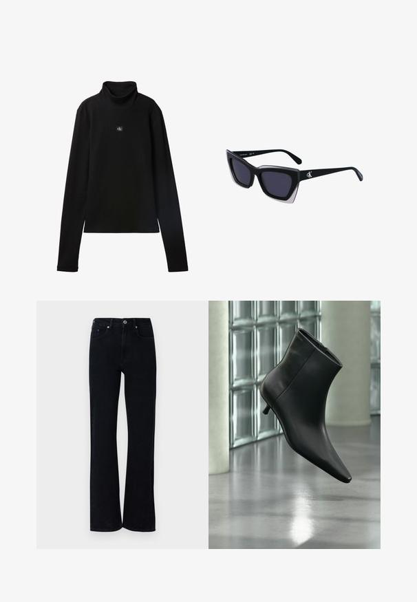 Zwarte geribde coltrui met lange mouwen en een klein vierkant Calvin Klein-logo midden op de borst.; Zwarte denim jeans met een uitlopende pijpdesign. Bevat twee voorzakken, een kleine blauwe accent en een standaard knoopsluiting.; Zwarte leren enkellaars met spits toelopende neus en lage kittenhak, schuin weergegeven tegen een gepolijste vloer en een glazen blokken muur als achtergrond.; Zwarte oversized zonnebril met een geometrische vorm, voorzien van donkere glazen en een contrasterend grijs detail op het montuur. Logo op de arm.
