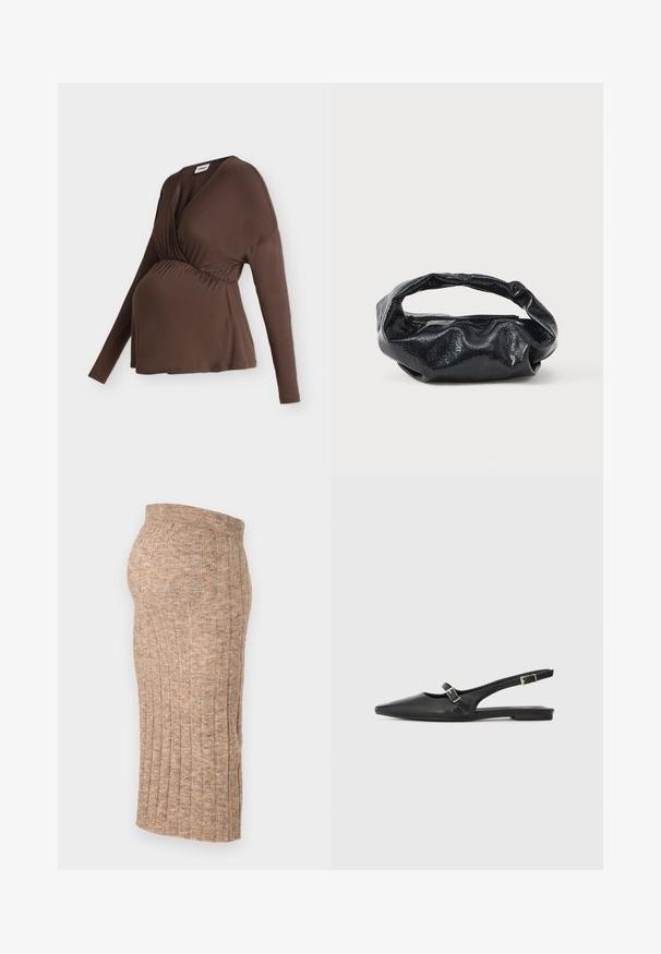 Brun langærmet ventetop med V-udskæring, rynket talje og løs pasform, vist på en mannequin mod hvid baggrund.; Brun ribbet nederdel med elastisk talje, knælang, med en glat tekstur og ensartet mønster, vist fra siden mod en hvid baggrund.; Sorte læder slingback-sko med spids tå, med en smal rem og en sølvspænde-detalje på siden. Flad sål.; Sort taske lavet af blankt, tekstureret materiale med et cirkulært, snoet håndtag og lynlås. Har et blødt, rynket design.