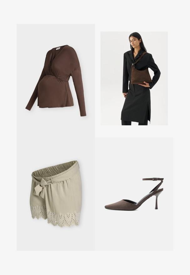 Haut de maternité marron à manches longues avec un col en V, une taille froncée et une coupe ample, présenté sur un mannequin sur fond blanc.; Shorts en tissu beige clair avec une taille élastique, une ceinture nouée à l’avant et un ourlet festonné brodé de motifs en dentelle.; Chaussure à talon haut en daim marron à bout pointu, avec une fine bride de cheville et une boucle argentée sur fond blanc.; Femme portant un blazer noir et une jupe, tenant un grand sac à épaule en suede marron foncé contre un fond blanc.