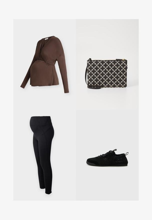 Haut de maternité marron à manches longues avec un col en V, une taille froncée et une coupe ample, présenté sur un mannequin sur fond blanc.; Leggings de maternité noirs avec une taille haute, fabriqués en matériau extensible. Présentent une texture lisse et un design ajusté pour le confort.; Baskets de sport noires avec une tige en maille, des accents en daim et une semelle texturée. Conception légère avec un profil bas.; Pochette noir et crème avec un motif géométrique, dotée d'une fermeture éclair et d'une bandoulière amovible. Tissu texturé avec une finition lisse.