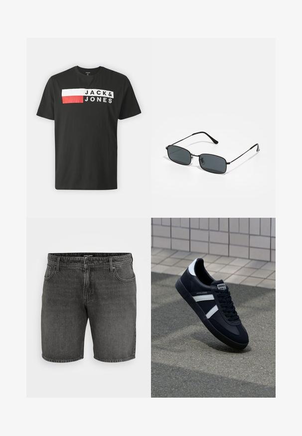 Schwarzes Baumwoll-T-Shirt mit kurzen Ärmeln, ausgestattet mit einem horizontalen Grafikdesign in Rot, Weiß und Schwarz, das den Text "JACK & JONES" zeigt.; Schwarze Jeansshorts mit einem klassischen Fünf-Taschen-Design, Knopfverschluss und gestickten Akzenten. Hergestellt aus strapazierfähigem Baumwollmaterial.; Schwarze Leder-Sneaker mit weißen Streifen, strukturiertem Gummisohle und Schnürung. Verfügt über ein Markenetikett auf der Zunge.; Schwarze rechteckige Sonnenbrille mit dünnem Metallrahmen und dunklen Gläsern, die auf einer weißen Oberfläche liegt.
