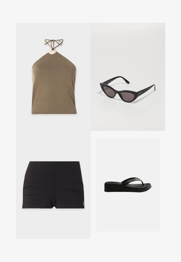 Haut sans manches vert olive à col halter avec un anneau beige rond à l'encolure et fines bretelles nouées dans le dos.; Shorts noirs extensibles sans coutures avec une large ceinture et un petit logo sur le côté inférieur.; Sandale tongs compensée noire avec semelle texturée et fines lanières arborant un logo discret sur un fond blanc uni.; Lunettes de soleil cat-eye avec une monture noire mate et des verres sombres, comportant un logo "vogue" sur le côté et une forme angulaire distinctive.