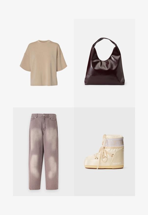 T-shirt beige oversize à manches courtes avec col rond et épaules tombantes, présenté sur fond blanc.; Jean en denim délavé violet, taille haute, fermeture par bouton, avec deux poches avant, présenté sur un fond uni.; Botte d'hiver rembourrée de couleur crème avec une semelle épaisse, un devant à lacets et un logo "MOON BOOT" sur le côté et le haut de la manche.; Sac en cuir vegan bordeaux, brillant, avec une forme douce et sculpturale et une large poignée incurvée pour un transport facile.