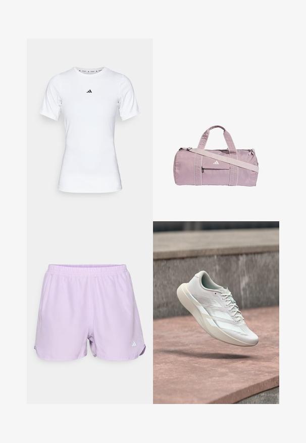 Hvid atletisk skjorte med korte ærmer, lavet af glat, strækbart stof. Har et lille sort Adidas-logo på brystet.; Lavendel sportshorts med elastisk talje, fugtabsorberende materiale og et lille hvidt logo nederst til højre.; Hvid sportssko med tre striber, svævende i luften over en pinkfarvet betonflade og grå stensbaggrund.; Lyse lilla sportstaske lavet af skinnende materiale, med to håndtag, en aftagelig skulderrem og en frontlynlåslomme med logo.
