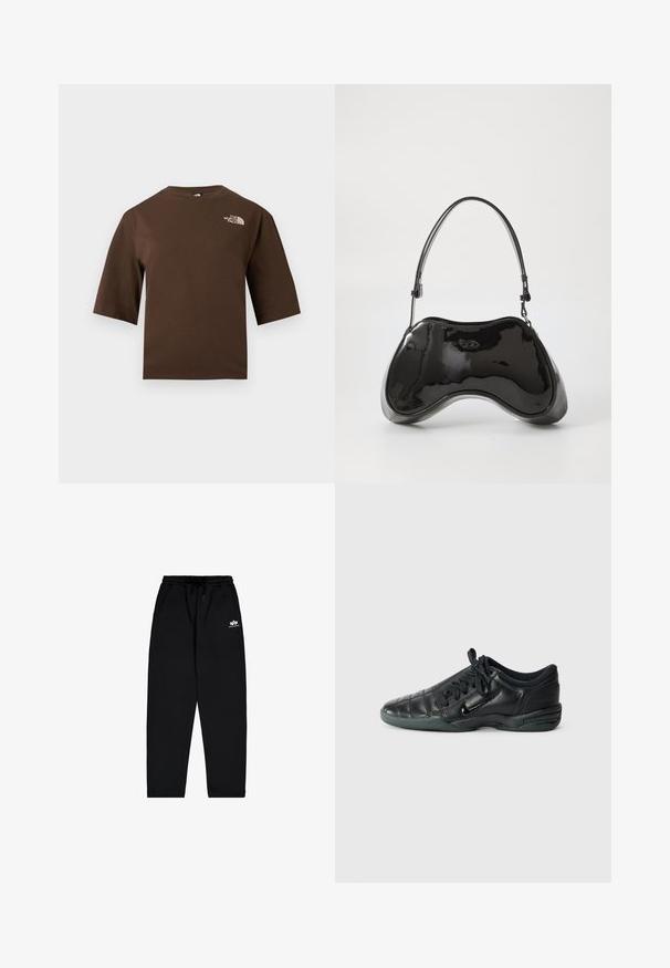 Pruun lühikeste varrukatega T-särk ümara kaelusega, millel on valge The North Face logo trükitud vasaku ülemise rinna kohale.; Mustad mustad püksid, mis on valmistatud pehmest kangast, elastse vöökoha, paelaga ja küljetaskutega. Tal on reitel väike valge logo.; Must musta spordijalats, millel on kohandatud õmblustega disain, ümar varvas, kinnitusköidik ja kummitald. Küljel on peen brändimine.; Must musta nahk käekott ainulaadse kumerate vormide, lühikese reguleeritava käepideme ja lukuga ülemise osaga. Sujuv tekstuur koos peene brändingu detailiga.