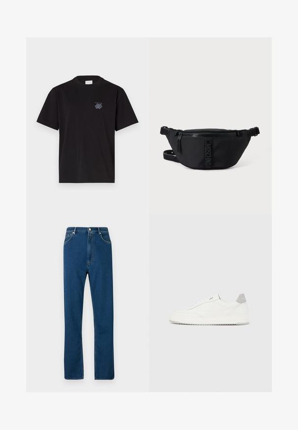 Sort bomulds t-shirt med rund hals og korte ærmer. Har et lille blåt logo på venstre bryst. Simpel, lige snit design.; Blå denimjeans med høj talje, lige ben, fem lomme-design og kontrasterende orange syninger. Glat tekstur.; Hvid lavtop-sneaker med gråt hælflig, hvide snørebånd og tekstureret sål, vist på en ensfarvet lys baggrund.; Sort Moschino bæltetaske med frontlynlås og justerbar rem på en ensfarvet lys baggrund.