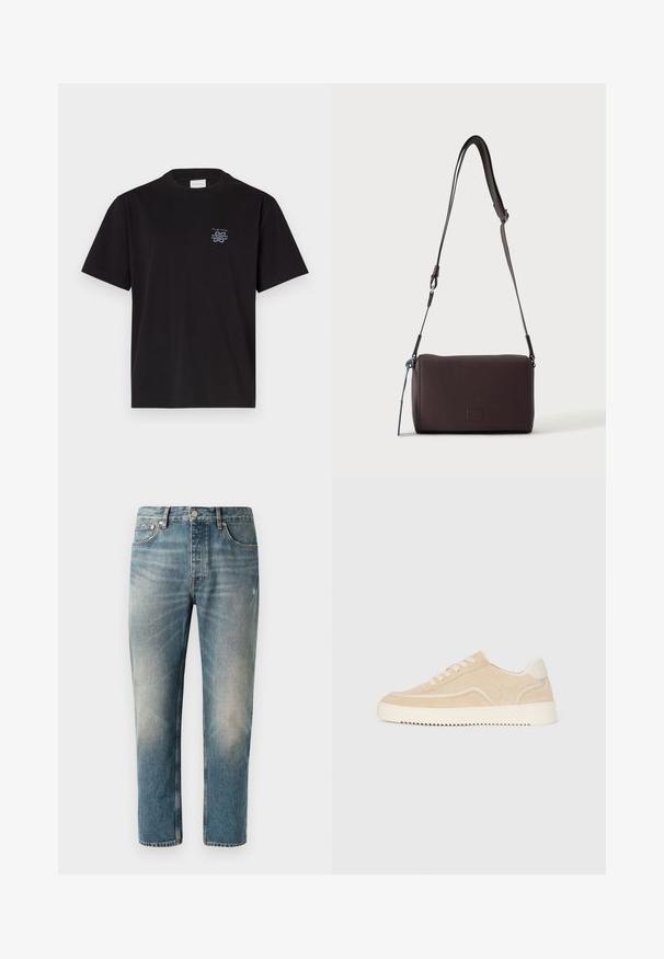 Zwarte katoenen T-shirt met een ronde hals en korte mouwen. Heeft een klein blauw logo op de linkerkant van de borst. Eenvoudig, recht gesneden ontwerp.; Lichtblauwe denim jeans met een rechte snit. Met een knoopsluiting, vijf zakken en subtiele vervagings en wassing op de dijen.; Beige suède sneaker met witte zool en veters, low-top ontwerp en zigzagprofiel op de zool.; Donkerbruine gestructureerde leren crossbodytas met verstelbare riem en klein decoratief blauw accent aan de zijkant.