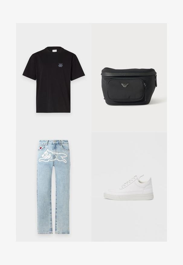 Sort bomulds t-shirt med rund hals og korte ærmer. Har et lille blåt logo på venstre bryst. Simpel, lige snit design.; Icecream RUNNING DOG PANT - Jeans Straight Leg - heavy wash blue; Hvid lædersneaker med rundet tå, flad sål og snørebånd foran. Har syningsdetaljer og polstret krave for komfort.; Sort bæltetaske med frontlynlåslomme og sølv ørn-logo, glat stof med tekstureret kant og lynlåstræk.