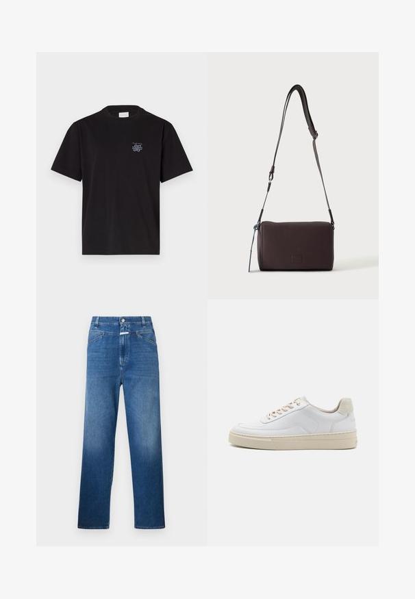 Schwarzes Baumwoll-T-Shirt mit Rundhalsausschnitt und kurzen Ärmeln. Mit einem kleinen blauen Logo auf der linken Brust. Einfaches, gerade geschnittenes Design.; Blaue Denim-Jeans mit geradem Bein, ausgestattet mit einem Knopfverschluss, Gürtelschlaufen und dezenten Ausbleichungen an den Oberschenkeln.; Weiße Sneaker mit einem glatten Lederobermaterial, beigen Schnürsenkeln und einer strukturierten, beigen Wildleder-Fersenschlaufe. Erhöhte Sohle für zusätzlichen Komfort.; Dunkelbraune, strukturierte Leder-Crossbody-Tasche mit verstellbarem Riemen und kleinem dekorativen blauen Akzent an der Seite.