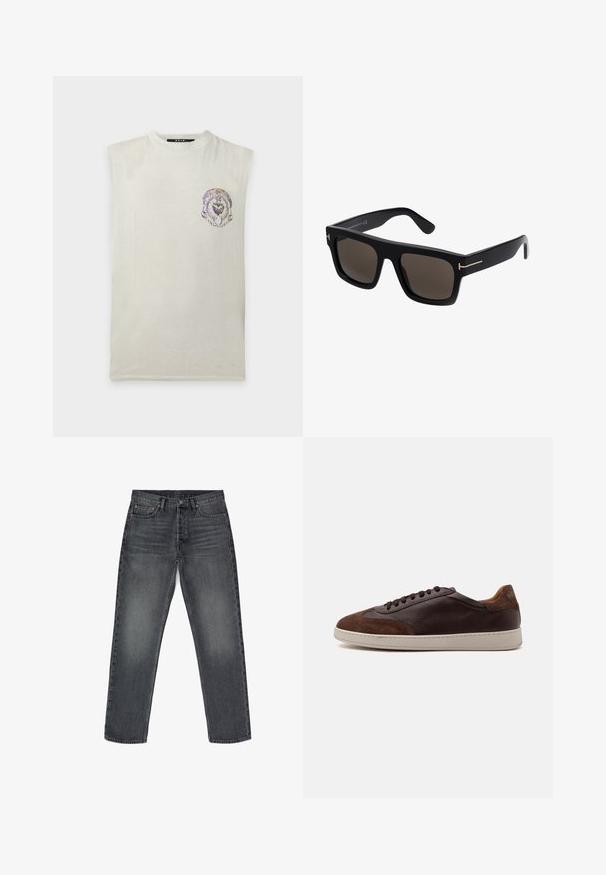Ärmelloses off-white Shirt mit rundem Ausschnitt und kleinem mehrfarbigem kreisförmigem abstraktem Design auf der linken Brust.; Graue Jeans aus Denim mit geradem Schnitt, fünf Taschen, Knopfverschluss und dezentem Verblassen. Verstärkte Nähte und Kupferakzente.; Low-Top brauner Leder- und Veloursledersneaker mit dunkelbraunen Schnürsenkeln und weißer Gummisohle, von der Außenseite gezeigt.; Schwarze quadratische Sonnenbrillen mit dunklen Linsen, mit goldfarbigen Akzenten an den Bügeln und einer glatten Kunststoffoberfläche.
