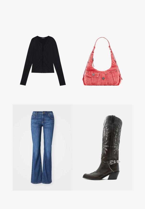 Zwarte lange mouw top van lichtgewicht, gladde stof. Heeft een V-hals en geplooide details aan de voorkant, wat een aansluitende vorm creëert.; Blauwe denim bootcut jeans met voorzakken, knoopsluiting en riemlussen, weergegeven op een witte achtergrond.; Zwarte leren cowboylaars met decoratieve uitsnijdingen, zilveren gesp en schuine hak, weergegeven op een witte achtergrond.; Rode denim schoudertas met voorvakken, zilveren knoopdetails en een enkele schouderriem.