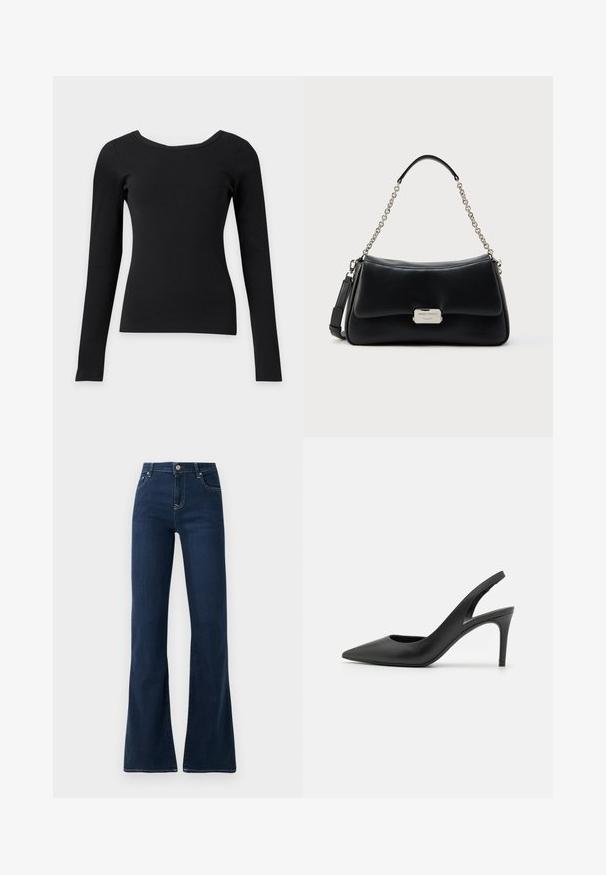 Sort tætsiddende top med lange ærmer, bred rund halsudskæring og ribbet struktur på en ensfarvet lys baggrund.; Mørkeblå flagrende jeans med høj talje, lavet af denimstof. Har to forlommer og kontrastsyninger langs sømmen.; Sorte læder slingback høje hæle med spids tå-design, der har en udskæring fortil og en tynd stiletto-hæl.; Sort læderhåndtaske med en buet form, kæde- og læderhåndtag, sølvfarvet hardware og præget logoplade på fronten.