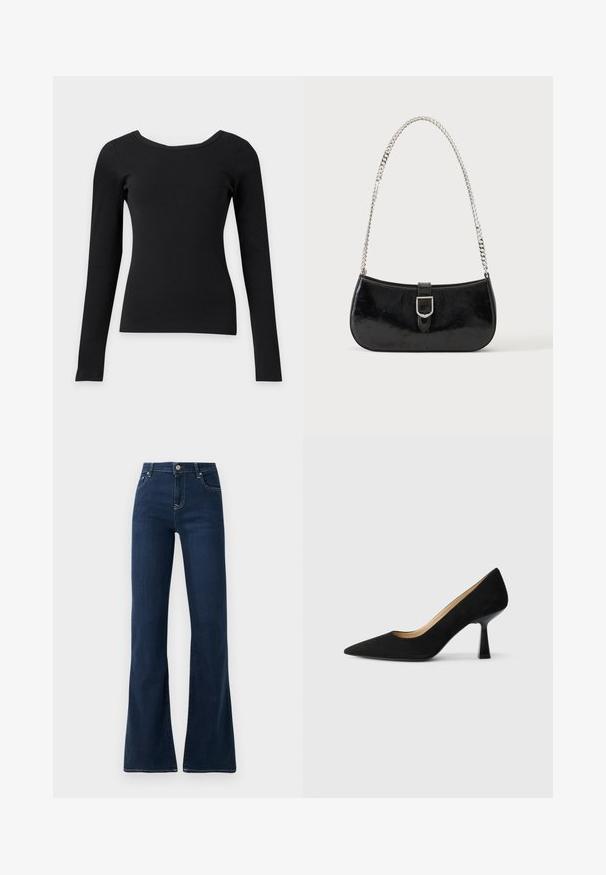 Sort tætsiddende top med lange ærmer, bred rund halsudskæring og ribbet struktur på en ensfarvet lys baggrund.; Mørkeblå flagrende jeans med høj talje, lavet af denimstof. Har to forlommer og kontrastsyninger langs sømmen.; Sorte ruskinds højhælede pumps med spids tå, der har en blank sort blokhæl og en glat indvendig foring.; Sort skuldertaske i laklæder med sølv spænde og sølv kæderem, vist mod en ensartet lys baggrund.