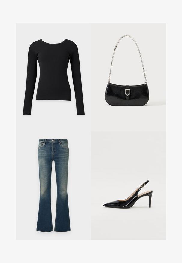 Haut noir ajusté à manches longues avec un large col rond et une texture côtelée sur un fond clair uni.; Jean en denim bleu avec un effet délavé, taille mi-haute, design à cinq poches et jambes légèrement évasées.; Pompe slingback en cuir verni noir avec un bout pointu, un talon fin et un design de découpes subtil. Elle dispose d'une boucle dorée sur la sangle.; Sac à épaule en cuir verni noir avec détail de boucle argentée et bandoulière en chaîne argentée, présenté sur un fond uni clair.