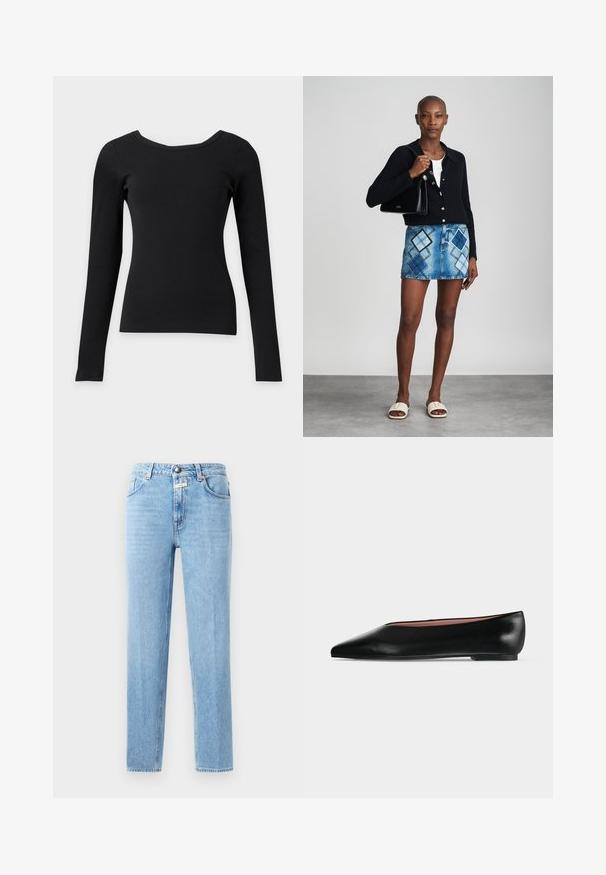 Zwarte aansluitende top met lange mouwen, brede ronde halslijn en geribbelde structuur op een effen lichte achtergrond.; Lichtblauwe denim jeans met een rechte pijp, vijf-pocket ontwerp en metalen knoopsluiting. Gelaagd stof met minimale vervaging.; Zwarte leren damesschoen met platte zool, puntige neus en lage hak, zijwaarts afgebeeld tegen een effen lichtgrijze achtergrond.; Zwarte gebreide cardigan, witte top, denimrok met blauw en zwart ruitpatroon, zwarte handtas en beige instapsandalen.