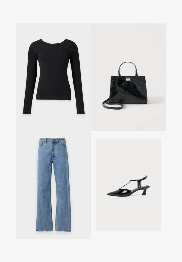 Sort tætsiddende top med lange ærmer, bred rund halsudskæring og ribbet struktur på en ensfarvet lys baggrund.; Lyseblå højtaljede lige jeans med frontknap, lynlås og femlomme-design på hvid baggrund.; Sort laklæder sko med lav hæl, spids tå, T-rem og spænde lukning på lys neutral baggrund.; Sort håndtaske i laklæder med afrundede håndtag, aftagelig skulderrem og sølvspænde på ensartet hvid baggrund.
