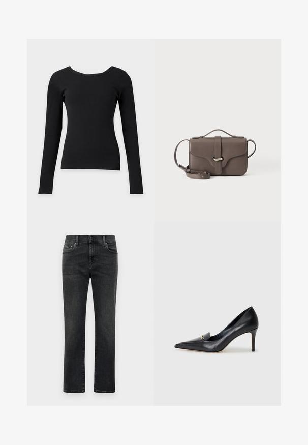 Top negro ajustado de manga larga con un amplio escote redondeado y textura acanalada sobre un fondo claro liso.; Jeans de hombre de pierna recta, negros y deslavados, con botón frontal y diseño de cinco bolsillos sobre fondo blanco liso.; Zapato de piel negra con punta afilada, escote bajo y un detalle decorativo dorado. Cuenta con un tacón de aguja y textura suave.; Bolso bandolera de piel marrón con asa superior, solapa frontal y cierre plateado, mostrado sobre un fondo blanco liso.