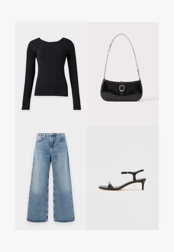 Haut noir ajusté à manches longues avec un large col rond et une texture côtelée sur un fond clair uni.; Jean large en denim bleu clair avec taille haute, design traditionnel à cinq poches, coutures visibles et finition à bord brut.; Sandale noire en cuir à talon avec bride à la cheville, bout ouvert, devant carré et accent en métal argenté. Design ajusté avec un profil élégant.; Sac à épaule en cuir verni noir avec détail de boucle argentée et bandoulière en chaîne argentée, présenté sur un fond uni clair.