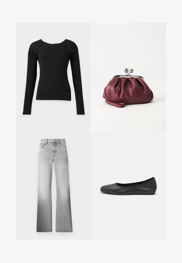 Svart tettsittende langermet topp med bred rund hals og ribbestruktur på en ensfarget lys bakgrunn.; Grå denim vide ben jeans med høy midje, falmet tekstur, fem lommer og glidelås med knappeåpning.; Svart skinnballettflatt med rund tå, glatt tekstur, minimal sømdetalj, og et fleksibelt såledesign.; Liten burgunderfarget lærveske med sølvfarget metallspenne og håndleddsrem på hvit bakgrunn.
