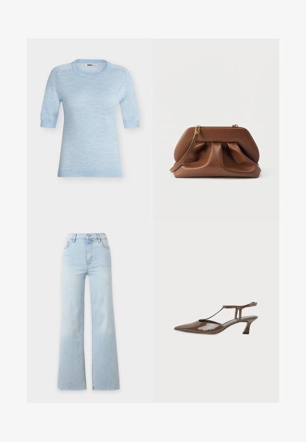 Pull en maille bleu clair à manches courtes, col rond, poignets et ourlet côtelés, posé à plat sur un fond blanc.; Jean en denim bleu clair taille haute avec jambes larges, fermeture à boutons et zip à l’avant, et poches avant, présenté sur un fond uni.; Chaussure slingback en cuir verni marron, bout pointu, petit talon kitten, fine bride en T et fermeture à boucle à la cheville.; Pochette en cuir marron avec design froncé, quincaillerie dorée et bracelet amovible, sur fond blanc.