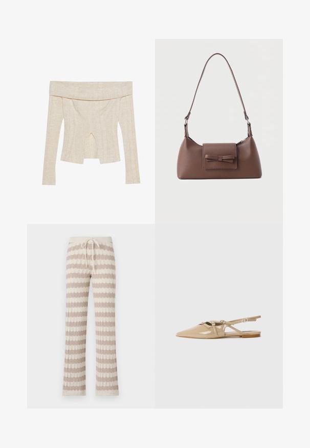 Top ajustado sin mangas en un tono beige claro, hecho de material con textura acanalada. Confeccionado con mangas largas y un detalle de corte central.; Pantalones de lounge de punto con rayas verticales en beige y crema, que cuentan con una cintura ajustable con cordón y una textura de punto abierto.; Bailarinas de charol beige con tiras y hebillas decorativas, punta afilada y tacón bajo. Acabado suave y brillante con un detalle mínimo.; Bolso bandolera de cuero marrón con un bolsillo frontal de solapa que presenta un detalle de moño cosido y una correa ajustable.