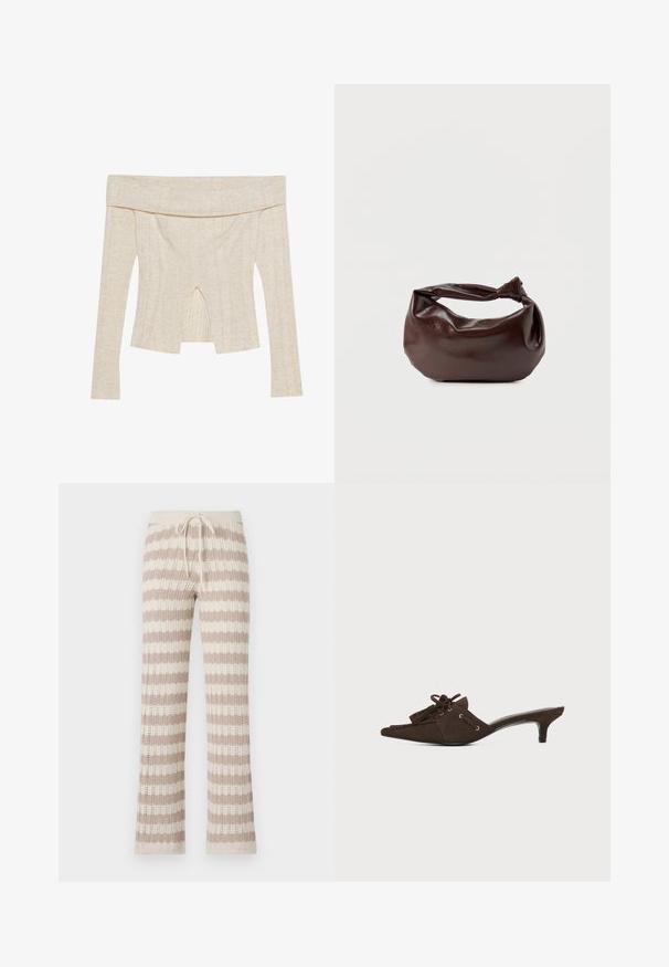 Top ajustado sin mangas en un tono beige claro, hecho de material con textura acanalada. Confeccionado con mangas largas y un detalle de corte central.; Pantalones de lounge de punto con rayas verticales en beige y crema, que cuentan con una cintura ajustable con cordón y una textura de punto abierto.; Zapato mule de ante marrón con puntera puntiaguda, tacón bajo de tipo kitten, lazada con lazo y detalles con borlas sobre fondo blanco.; Bolso de hombro de cuero marrón oscuro con una forma suave y caída, y un asa con nudo torcido sobre un fondo blanco liso.