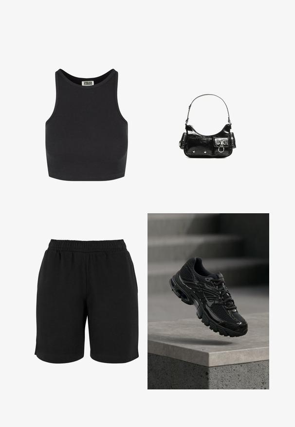 Zwarte geribbelde crop top met een mouwloos ontwerp. Heeft een ronde halslijn en een gladde textuur. Label zichtbaar binnenin de halslijn.; Zwarte katoenen shorts met een elastische tailleband, met een gladde textuur en een eenvoudige snit. Geen zakken of versieringen zichtbaar.; Zwarte Nike hardloopschoen met mesh en synthetische bovenkant die boven een betonnen oppervlak en trappen op de achtergrond zweeft.; Zwarte laarzen in lakleer met een gebogen vorm, één schouderband, voorvakken en accenten in zilverkleurig metaal.