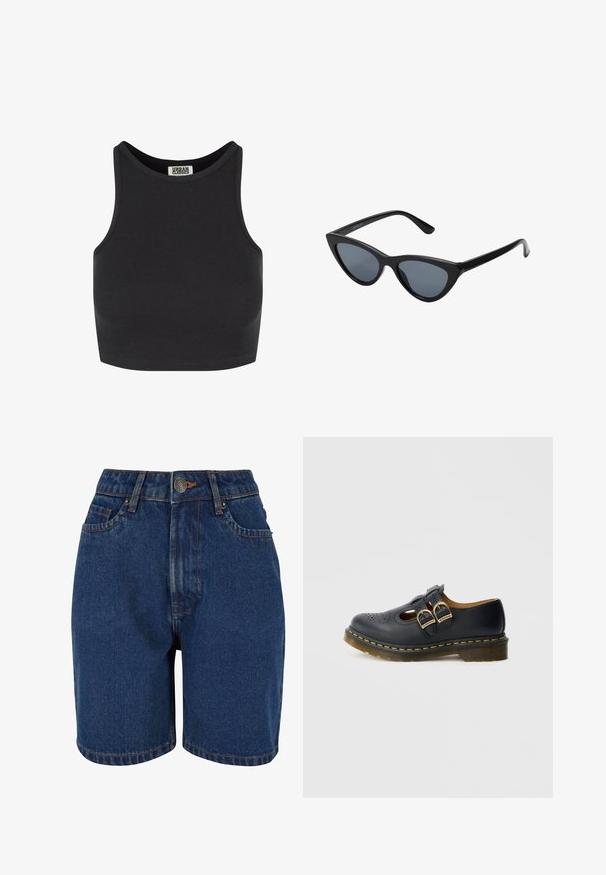 Must have varrukateta must ja sooneline crop top. Omab ümmargust kaelust ja sujuvat tekstuuri. Sildil on nähtav kaeluse sees.; Tumedad denim lühikesed püksid, kõrge vöökoht, viie tasku disain ja kontrastsed oranžid õmblused. Kangas näib olevat tekstuuriga.; Mustast nahast king kahe pandlaga, millel on augulisusega detailid, ümara varbaosa ja kollane õmblus kontuuritud tallal.; Mustad musta kassi silmadega päikeseprillid tumedate hallide läätsedega, stiilne plastraam, teravad nurgad ja sirged kaared. Nähtavad metallist osad või aksessuaarid puuduvad.