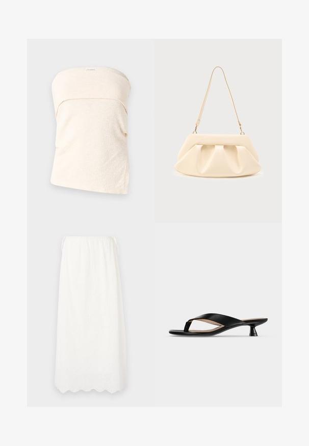 Top sans bretelles beige clair en tissu texturé, présentant un design plissé au niveau de l'encolure et une coupe ample. Pas de fermetures ni de détails supplémentaires.; DESIGNERS REMIX LUNA MAXI SKIRT - Jupe longue - cream; Sandale noire en cuir avec talon bas kitten et bout légèrement carré sur fond uni gris clair.; Sac à main en cuir couleur crème avec des plis froncés, des ferrures dorées, et une seule bandoulière fine sur un fond uni.