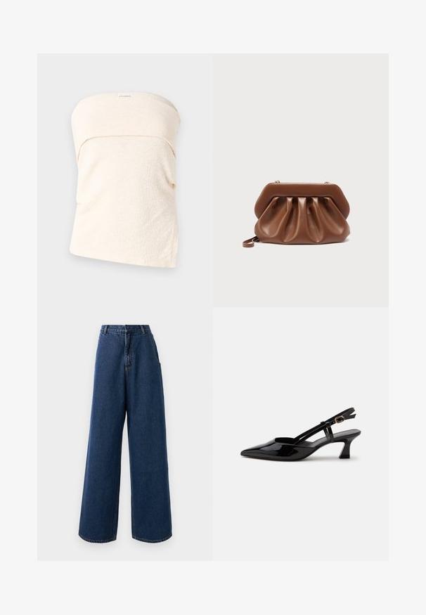 Top strapless de color beige claro en tela texturizada, con un diseño plegado en el escote y un ajuste holgado. Sin cierres ni detalles adicionales.; Jeans de tiro alto y pierna ancha en denim azul oscuro con cierre frontal de botón y cremallera, trabillas para cinturón y bolsillos laterales.; Zapato slingback de charol negro con tacón bajo, punta puntiaguda y correa ajustable con hebilla dorada sobre fondo blanco.; Bolso de mano de cuero marrón con diseño fruncido y marco superior estructurado, con una pequeña correa para la muñeca y detalles de cierre en tono dorado.