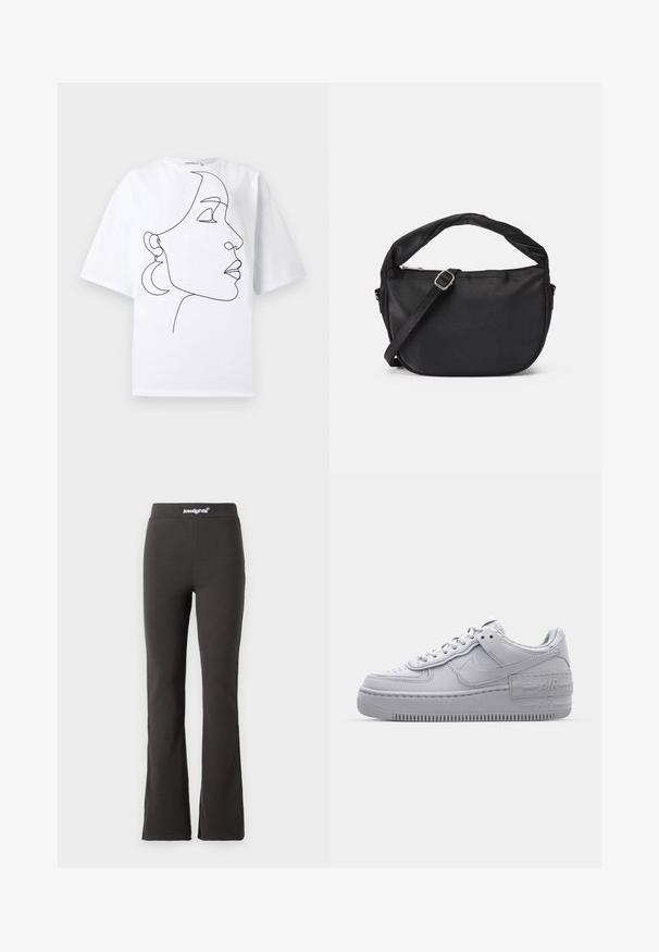 Hvid T-shirt med korte ærmer med sort kontinuerligt linjetegning af en kvindes sideprofil iført halvmåneformede øreringe.; Sorte flarebukser lavet af strækbart stof med en glat tekstur. Har en bred talje med logodetaljer øverst.; Grå Nike Air Force 1 sneakers med perforeret tå, glat læderoverdel, tyk sål og præget 'AIR' detalje på hælen.; Sort stof skuldertaske med et snoet håndtag, en aftagelig rem og en lynlåslukning i toppen. Glat tekstur og minimalistisk design.