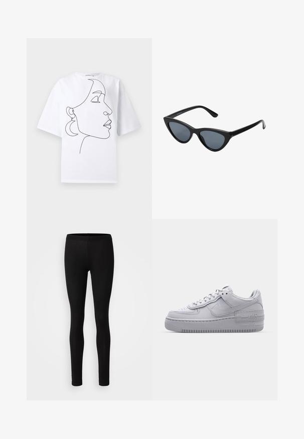 Hvid T-shirt med korte ærmer med sort kontinuerligt linjetegning af en kvindes sideprofil iført halvmåneformede øreringe.; Sorte leggings lavet af et blødt, strækbart stof. De har en tætsiddende pasform med elastisk talje og en glat, mat overflade.; Grå Nike Air Force 1 sneakers med perforeret tå, glat læderoverdel, tyk sål og præget 'AIR' detalje på hælen.; Sorte katteøje solbriller med mørkegrå linser, slankt plastisk stel, spidse hjørner og lige stænger. Ingen synlig hardware eller dekorationer.