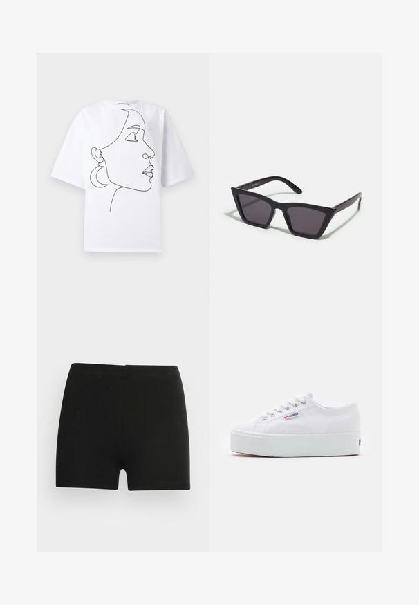 Hvid T-shirt med korte ærmer med sort kontinuerligt linjetegning af en kvindes sideprofil iført halvmåneformede øreringe.; Sorte bomulds shorts med et tætsiddende design og elastisk talje. Glat tekstur, længde til midt på låret, og uden synlige mønstre eller accenter.; Hvide canvas sneakers med en tyk hvid platformssål, rund tå og metaløjelets til snørebånd. Mærkets logo præsenteret på siden.; Sorte, kantede solbriller med grå linser; lavet af plast, med tykke stænger med en glat overflade og ingen synlig hardware.