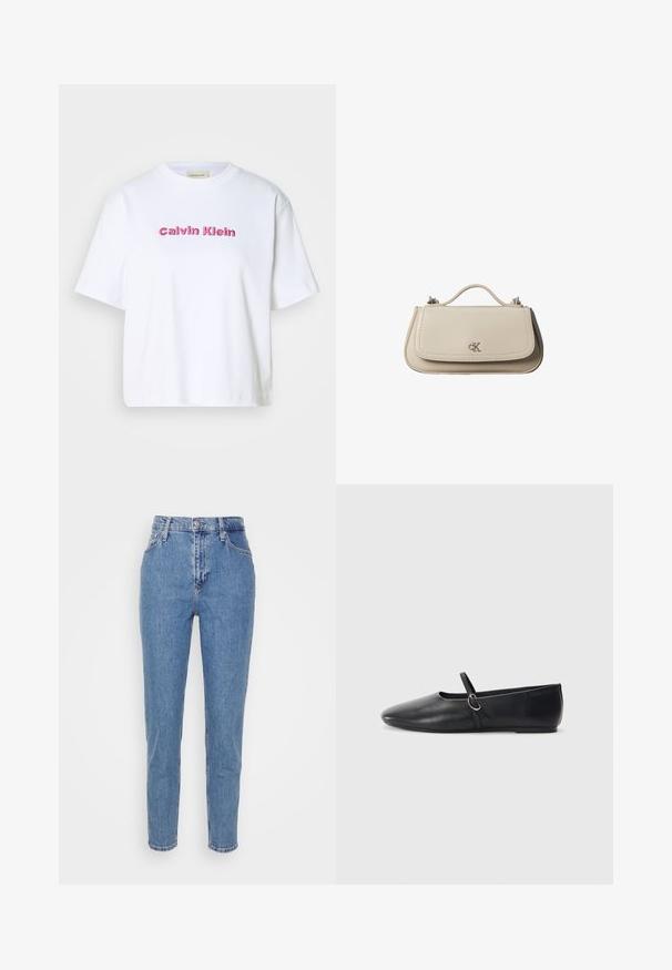 Camiseta de algodón blanca de manga corta y cuello redondo, con "Calvin Klein" bordado en letras rosas en la parte delantera.; Jeans de tiro alto rectos de color azul con botón frontal y cremallera, trabillas para cinturón y bolsillos, exhibidos sobre un fondo blanco liso.; Bailarinas de cuero negro con punta afilada, suela plana y una pequeña correa con detalle de hebilla plateada.; Pequeño bolso de mano de cuero beige con asa superior y logo plateado de CK en la solapa frontal, mostrado sobre un fondo blanco.