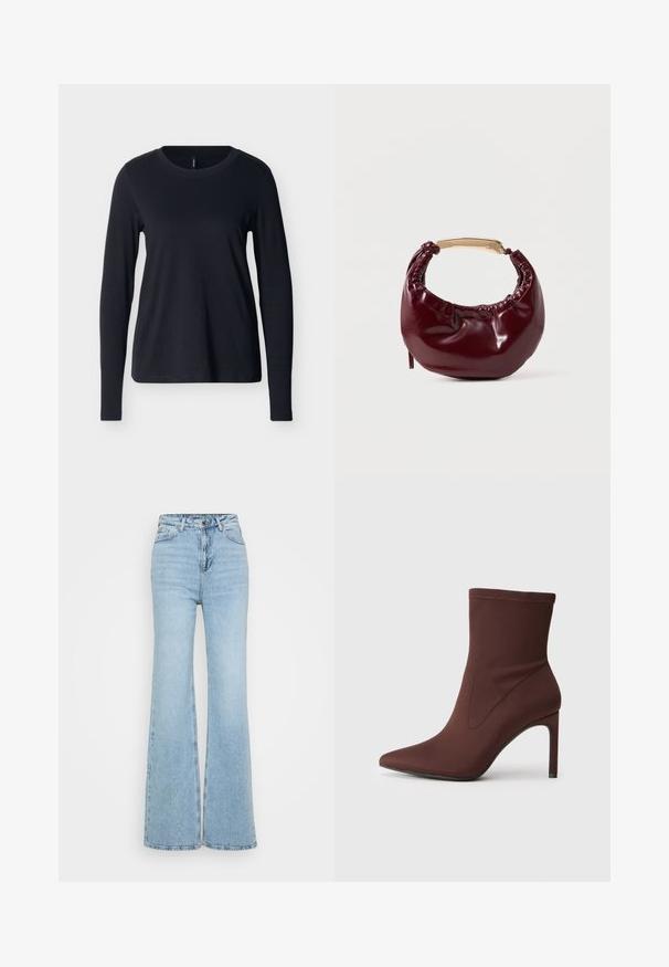 Sort langærmet T-shirt med rund hals lagt fladt på en hvid baggrund, der viser forsiden med et rent og enkelt design.; Lyseblå vide jeans lavet af denim, med høj talje, fem-lomme design og en rå kant forneden. Teksturen er let slidt.; Brun strækstof ankelstøvle med spids tå og 10 cm stilethæl. Sømdetaljer langs siderne, glat tekstur og ingen synlige lukninger.; Bordeaux farvet faux læder handbag med en afrundet form, samling detaljer og et guldtonet metalhåndtag. Glat tekstur og blank finish.