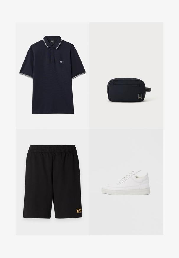 Polo shirt marine en coton avec un col classique, patte de boutonnage à deux boutons et accents rayés blancs sur les manches. Petit logo sur la poitrine.; Shorts de sport noirs en tissu doux, avec une taille élastique et un petit logo jaune EA7 sur le bas de la jambe gauche.; Baskets en cuir blanc avec un embout arrondi, une semelle plate et un laçage à l'avant. Présentent des détails de couture et un col rembourré pour plus de confort.; Trousse de toilette rectangulaire noire avec poche zippée à l'avant et petit patch logo, avec une poignée latérale.