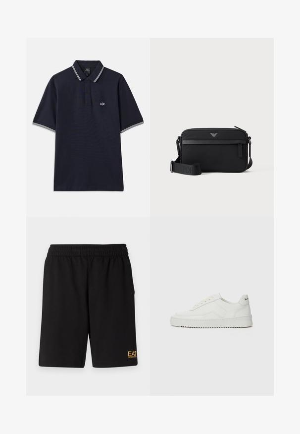 Marineblaues Poloshirt aus Baumwolle mit klassischem Kragen, zwei Knöpfen und weißen Streifenakzenten an den Ärmeln. Kleines Logo auf der Brust.; Schwarze Sportshorts aus weichem Material, mit einem elastischen Bund und einem kleinen gelben EA7-Logo am unteren linken Bein.; Weiße Ledersneaker mit glatter Oberfläche, runder Zehenpartie, flachen Schnürsenkeln und strukturiertem Sohlenprofil. Mit einem dezenten Logo an der Ferse.; Schwarze rechteckige Umhängetasche mit vorderer Reißverschlusstasche, verstellbarem Schultergurt und kleinem Metalllogo oben in der Mitte.